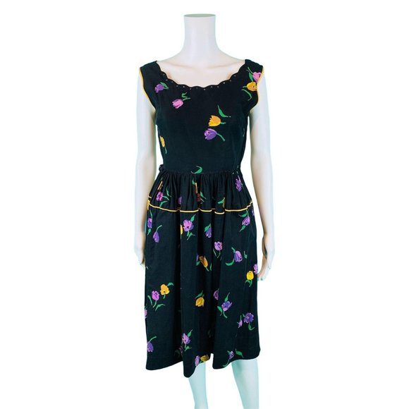 Vintage 50s Tulip Print Dress Womens XXS Rhinestone Neckline Cotton Sundress - Picture 1 of 10